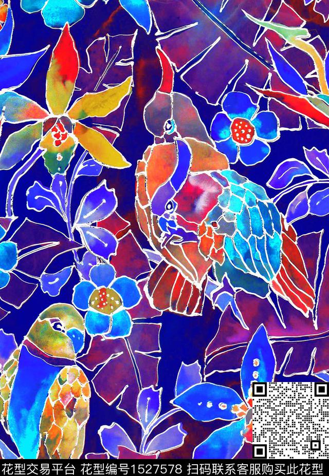 水彩鹦鹉热带华亿平台数码印花华亿平台下载（图片编号: 1527578） - 瓦栏（Walan）