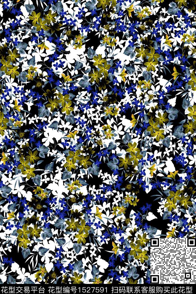 花卉黑底花卉真丝数码印花华亿平台下载（图片编号: 1527591） - 瓦栏（Walan）