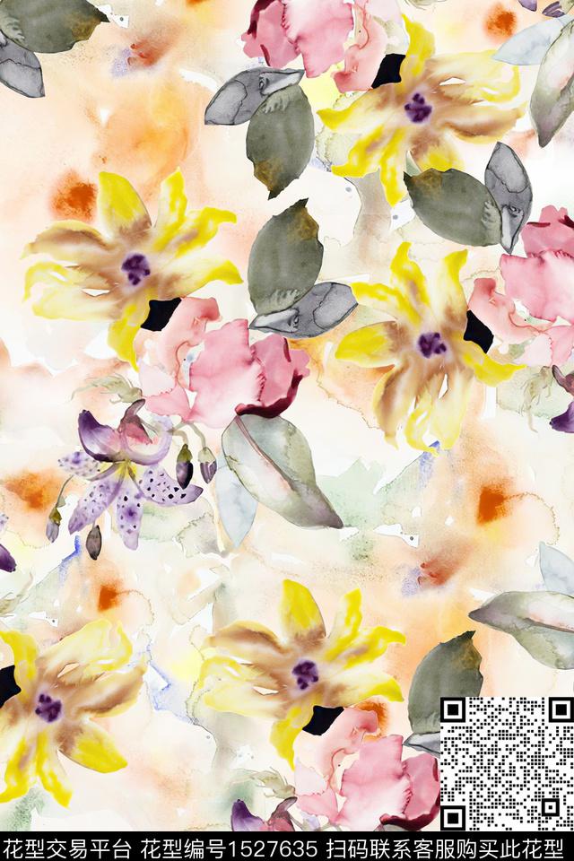 肌理花卉水彩数码印花华亿平台下载（图片编号: 1527635） - 瓦栏（Walan）