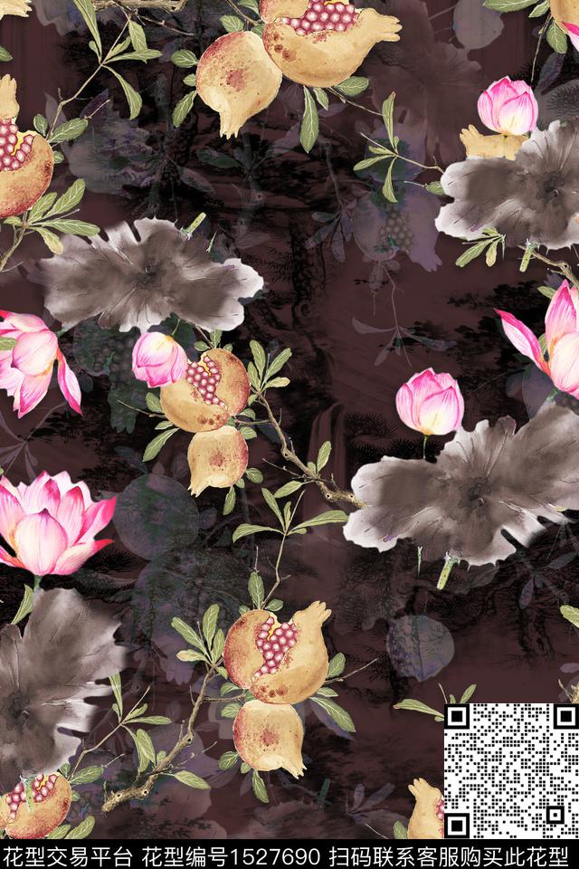 花卉石榴水彩数码印花华亿平台下载（图片编号: 1527690） - 瓦栏（Walan）