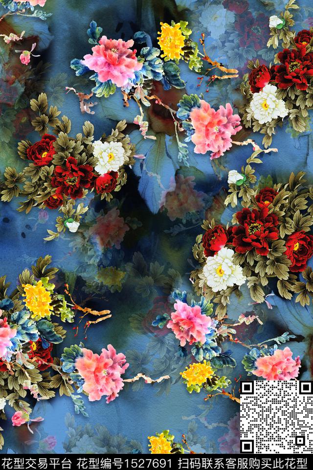 花卉中老年旗袍香云纱数码印花华亿平台下载（图片编号: 1527691） - 瓦栏（Walan）