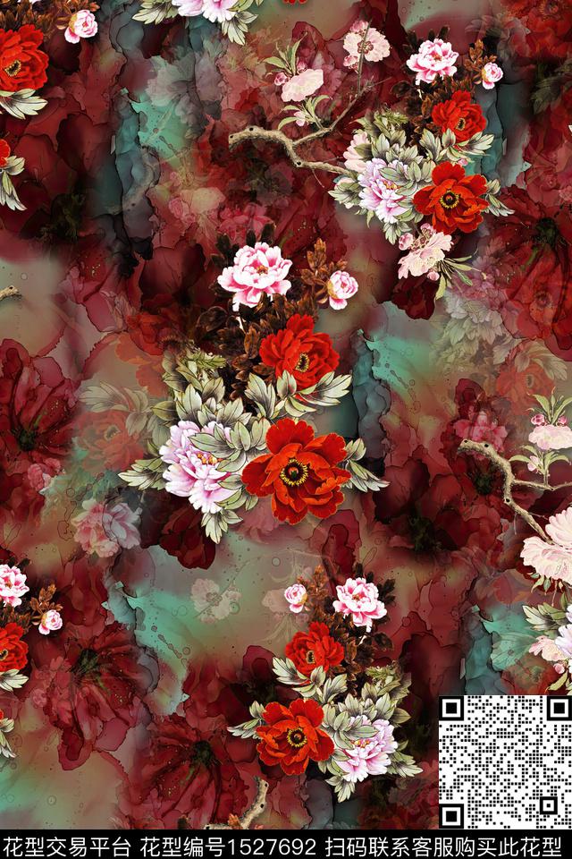 花卉中老年旗袍香云纱数码印花华亿平台下载（图片编号: 1527692） - 瓦栏（Walan）