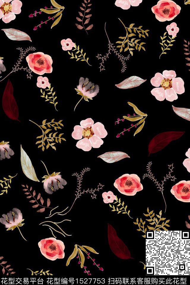黑底花卉真丝花卉数码印花华亿平台下载（图片编号: 1527753） - 瓦栏（Walan）