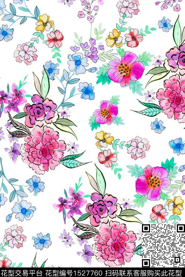 手绘花卉年轻女性花卉数码印花华亿平台下载（图片编号: 1527760） - 瓦栏（Walan）