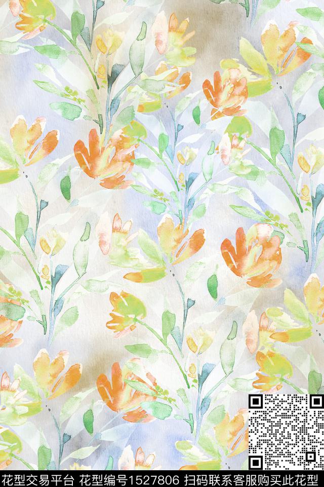 花卉水彩肌理数码印花华亿平台下载（图片编号: 1527806） - 瓦栏（Walan）