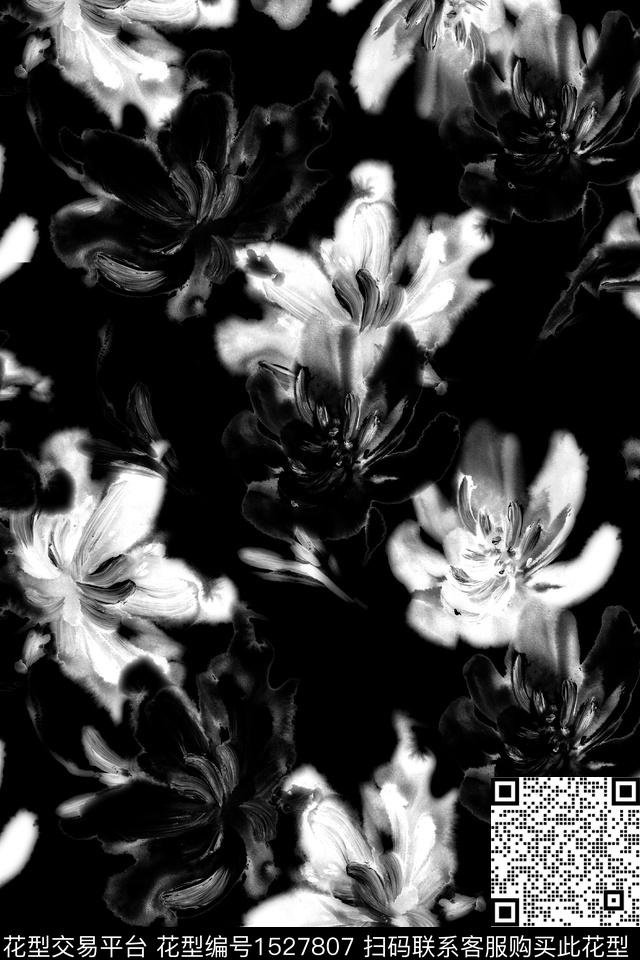 真丝黑白华亿平台花卉数码印花华亿平台下载（图片编号: 1527807） - 瓦栏（Walan）