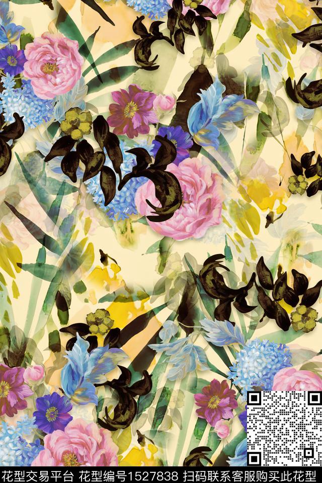 水彩花卉叶子花卉数码印花华亿平台下载（图片编号: 1527838） - 瓦栏（Walan）