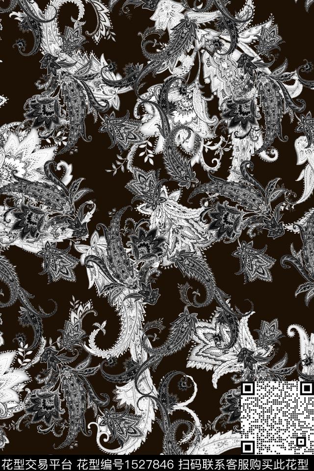 佩斯利民族风黑白华亿平台数码印花华亿平台下载（图片编号: 1527846） - 瓦栏（Walan）
