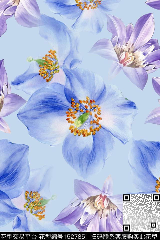 水彩花卉大花花卉数码印花华亿平台下载（图片编号: 1527851） - 瓦栏（Walan）