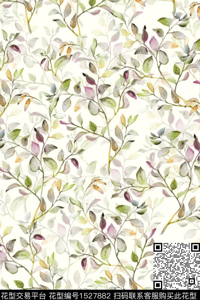 女装水彩绿植树叶数码印花华亿平台下载（图片编号: 1527882） - 瓦栏（Walan）