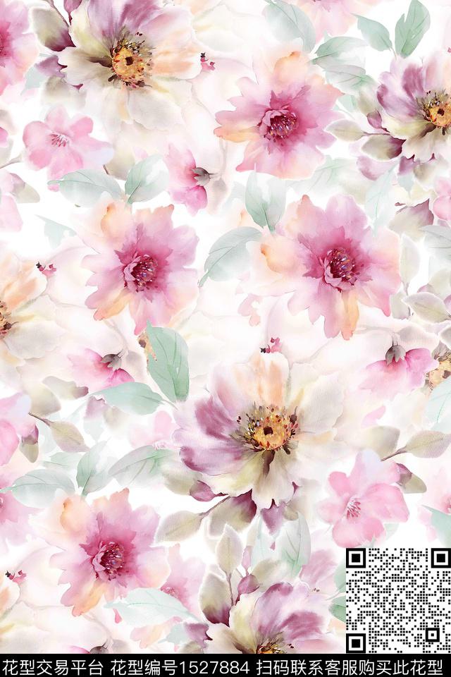 女装水彩花卉数码印花华亿平台下载（图片编号: 1527884） - 瓦栏（Walan）