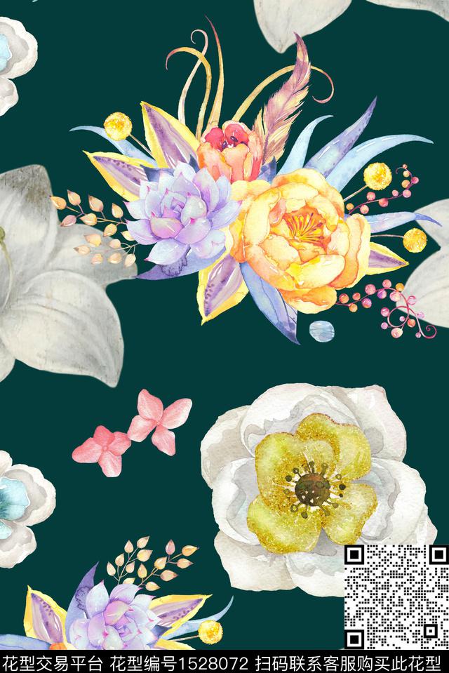 水彩绿植树叶花卉数码印花华亿平台下载（图片编号: 1528072） - 瓦栏（Walan）