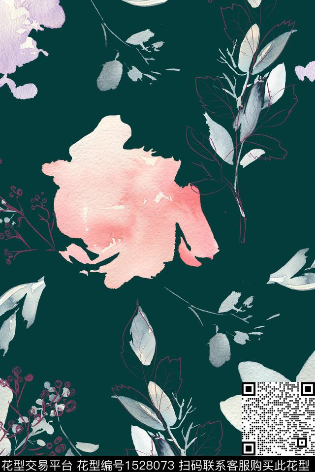 水彩绿植树叶花卉数码印花华亿平台下载（图片编号: 1528073） - 瓦栏（Walan）