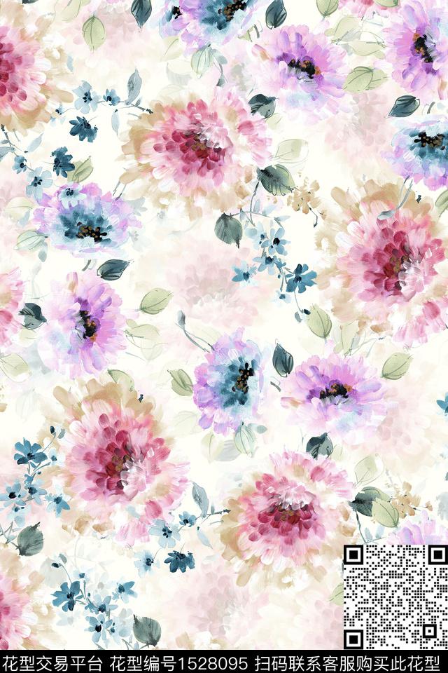 小清新水彩花卉数码印花华亿平台下载（图片编号: 1528095） - 瓦栏（Walan）