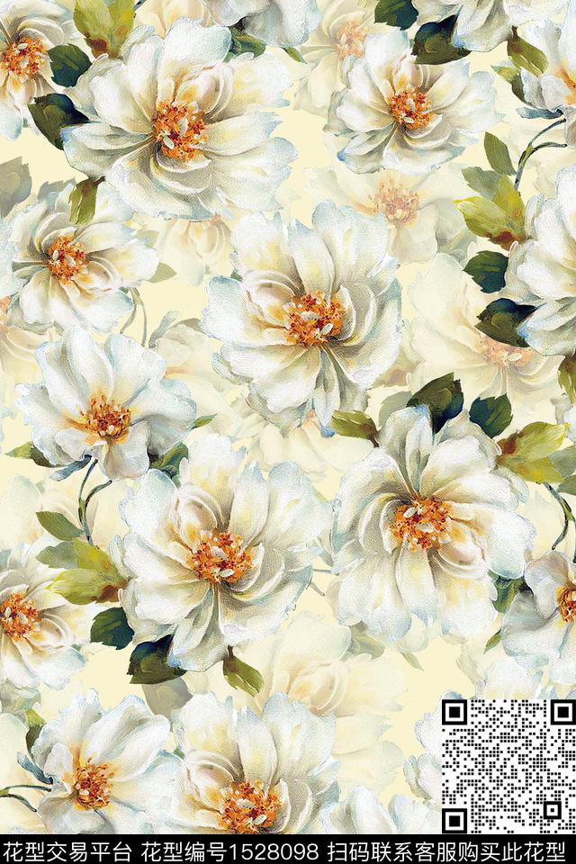 油画大花花卉数码印花华亿平台下载（图片编号: 1528098） - 瓦栏（Walan）