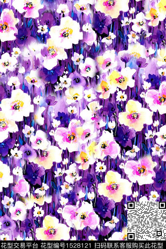 水彩花卉春夏华亿平台花卉数码印花华亿平台下载（图片编号: 1528121） - 瓦栏（Walan）