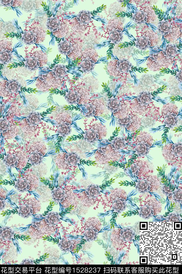 水彩多肉小碎花数码印花华亿平台下载（图片编号: 1528237） - 瓦栏（Walan）