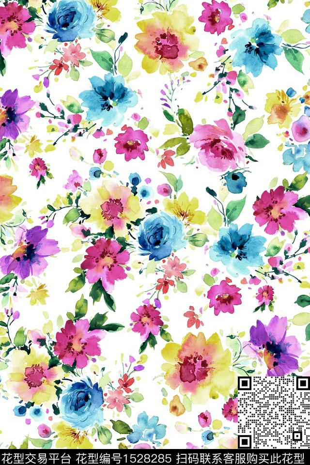 年轻女性水彩花卉清爽底花卉数码印花华亿平台下载（图片编号: 1528285） - 瓦栏（Walan）