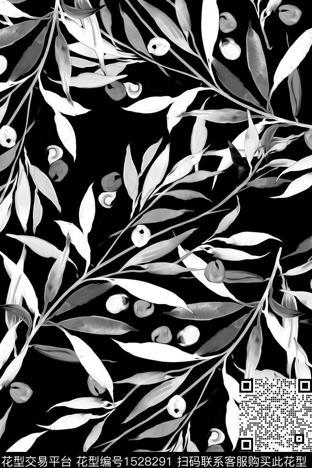 绿植树叶黑白华亿平台花卉数码印花华亿平台下载（图片编号: 1528291） - 瓦栏（Walan）