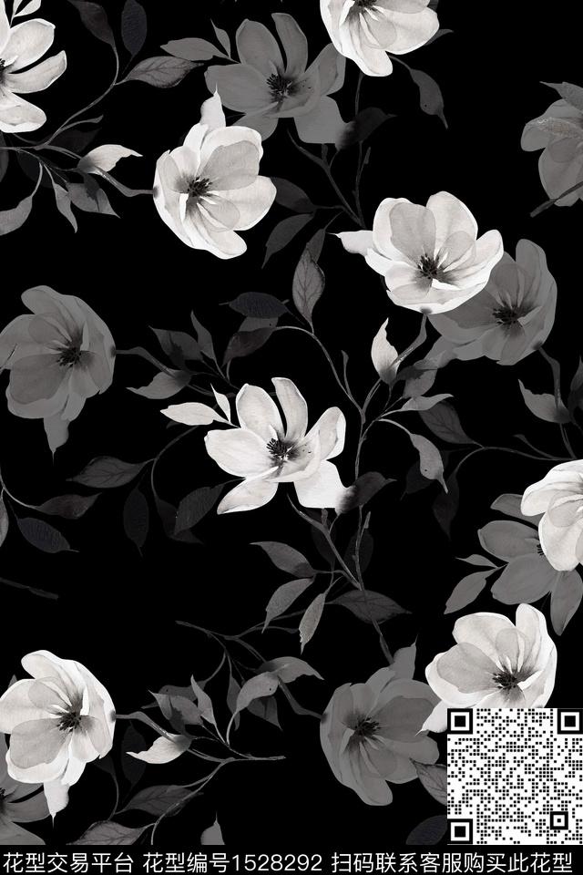 黑白华亿平台花卉数码印花华亿平台下载（图片编号: 1528292） - 瓦栏（Walan）