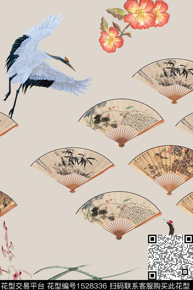 扇子丹顶鹤花数码印花华亿平台下载（图片编号: 1528336） - 瓦栏（Walan）