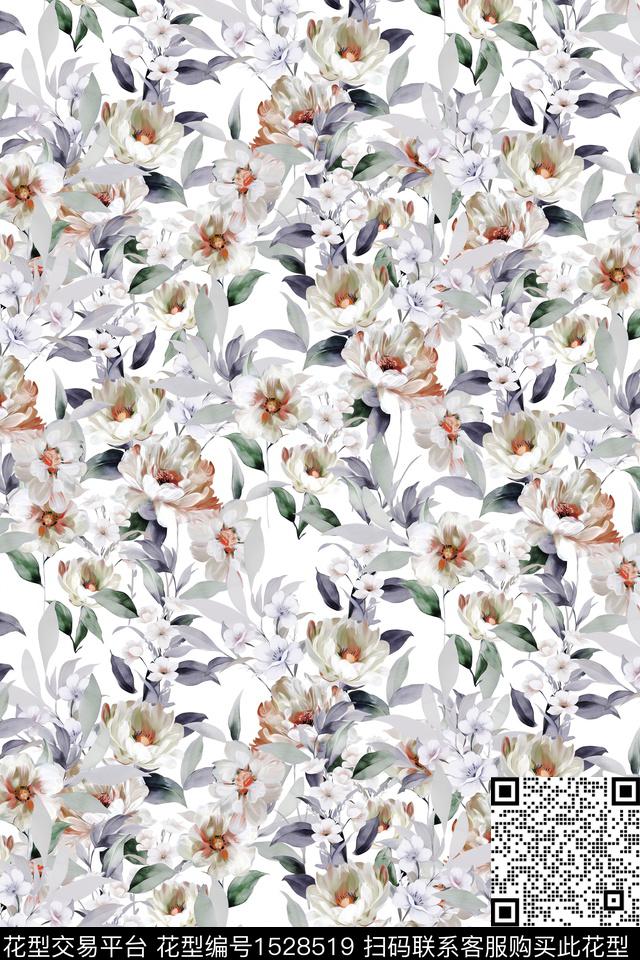 清爽底花卉春夏华亿平台花卉数码印花华亿平台下载（图片编号: 1528519） - 瓦栏（Walan）