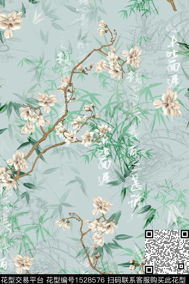 真丝小清新中国风数码印花华亿平台下载（图片编号: 1528576） - 瓦栏（Walan）