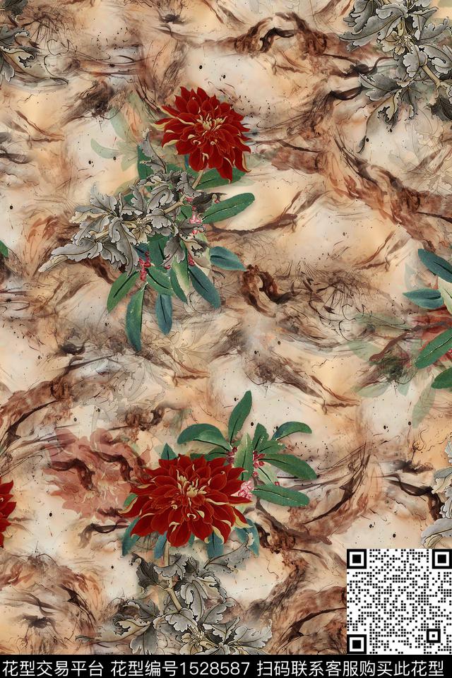 花卉中老年旗袍香云纱数码印花华亿平台下载（图片编号: 1528587） - 瓦栏（Walan）