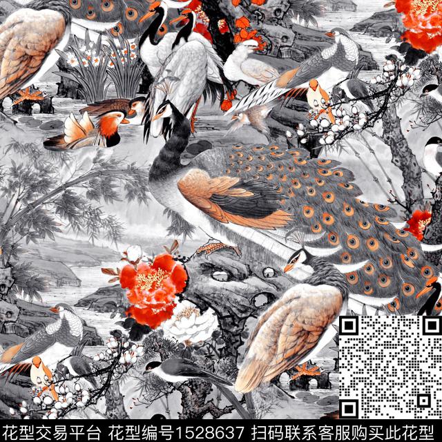 牡丹孔雀中国风数码印花华亿平台下载（图片编号: 1528637） - 瓦栏（Walan）