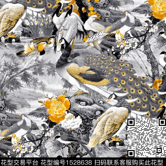 牡丹孔雀中国风数码印花华亿平台下载（图片编号: 1528638） - 瓦栏（Walan）