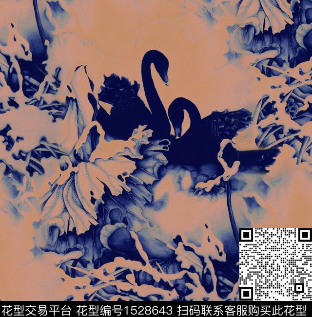 香云纱天鹅中国风数码印花华亿平台下载（图片编号: 1528643） - 瓦栏（Walan）