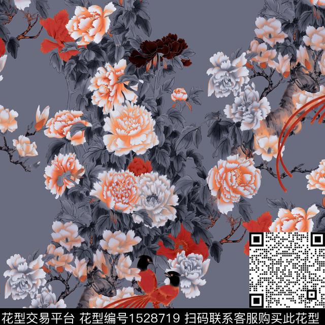 牡丹玉兰花真丝数码印花华亿平台下载（图片编号: 1528719） - 瓦栏（Walan）