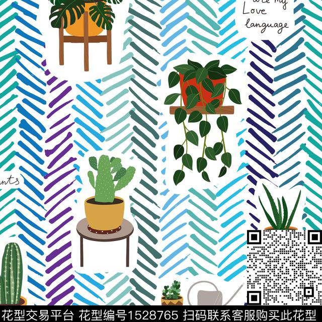 条纹盆栽绿植数码印花华亿平台下载（图片编号: 1528765） - 瓦栏（Walan）