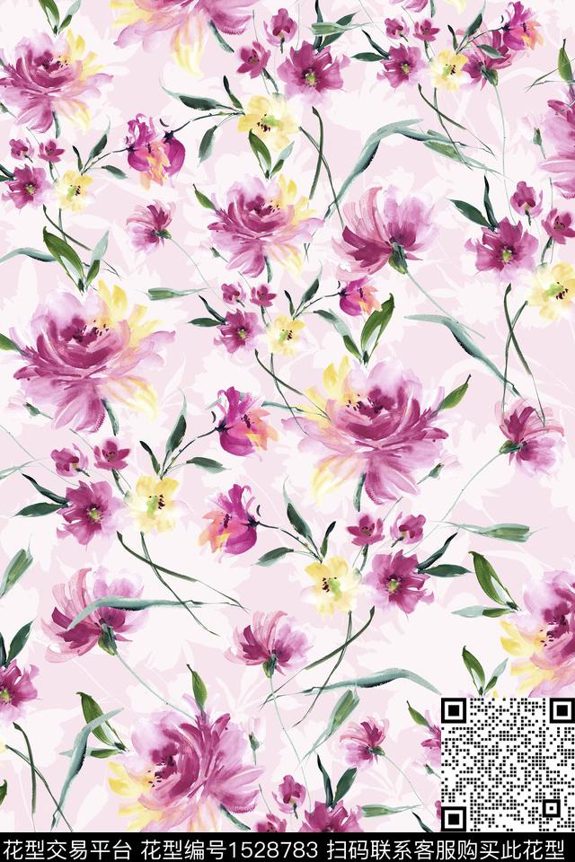 花卉水彩女装数码印花华亿平台下载（图片编号: 1528783） - 瓦栏（Walan）