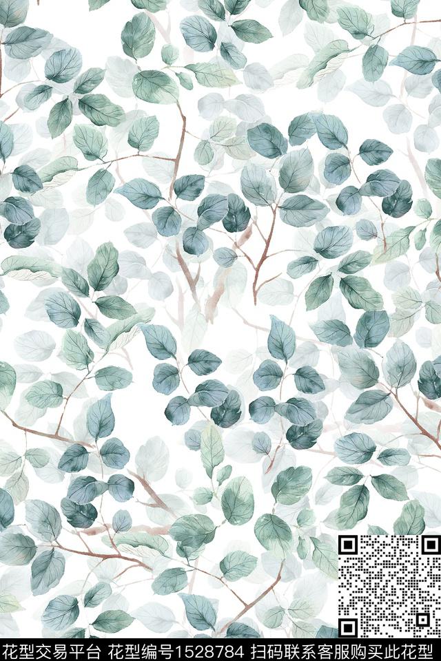 水彩女装绿植树叶数码印花华亿平台下载（图片编号: 1528784） - 瓦栏（Walan）