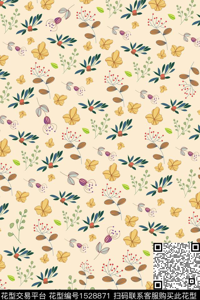 小清新手绘绿植树叶数码印花华亿平台下载（图片编号: 1528871） - 瓦栏（Walan）