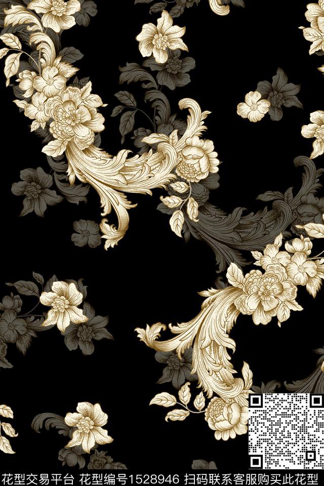 黑底花卉中老年民族花卉数码印花华亿平台下载（图片编号: 1528946） - 瓦栏（Walan）