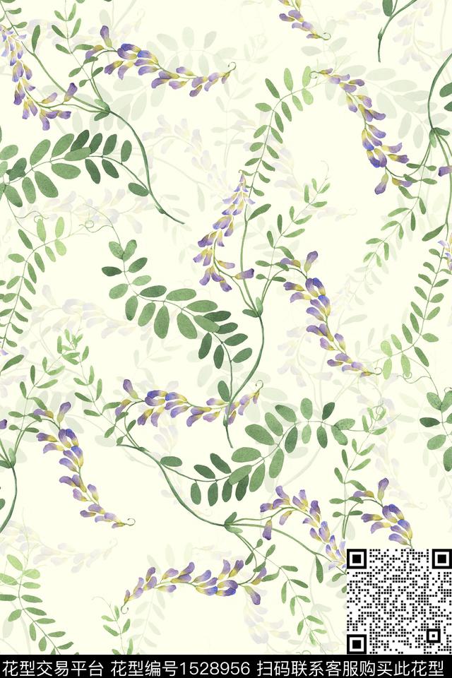 叶子花卉水彩数码印花华亿平台下载（图片编号: 1528956） - 瓦栏（Walan）