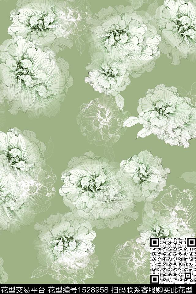 大花花卉线条花数码印花华亿平台下载（图片编号: 1528958） - 瓦栏（Walan）