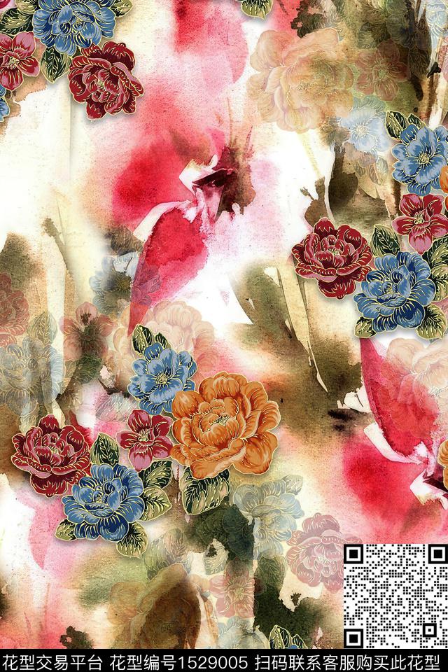 水彩花卉春夏华亿平台花卉数码印花华亿平台下载（图片编号: 1529005） - 瓦栏（Walan）