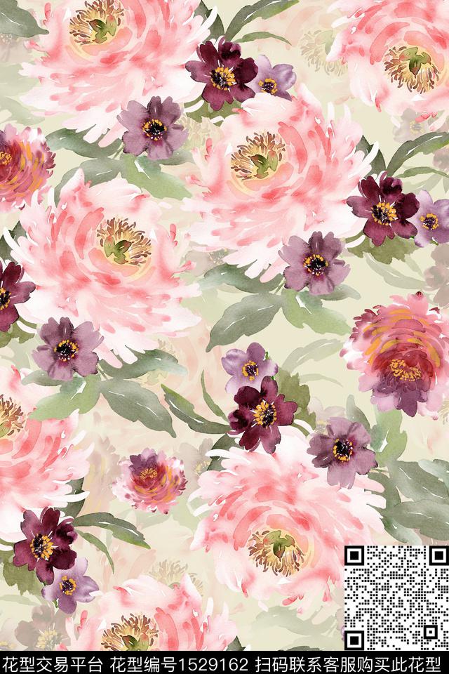 大花水彩花卉数码印花华亿平台下载（图片编号: 1529162） - 瓦栏（Walan）
