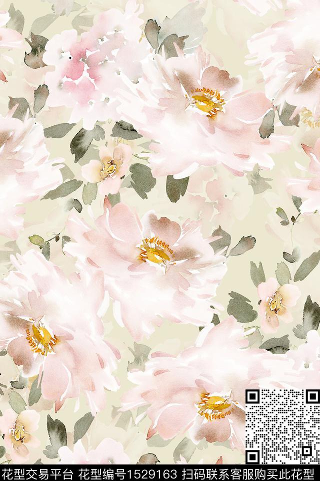 大花水彩花卉数码印花华亿平台下载（图片编号: 1529163） - 瓦栏（Walan）