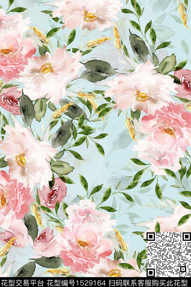 大花水彩花卉数码印花华亿平台下载（图片编号: 1529164） - 瓦栏（Walan）