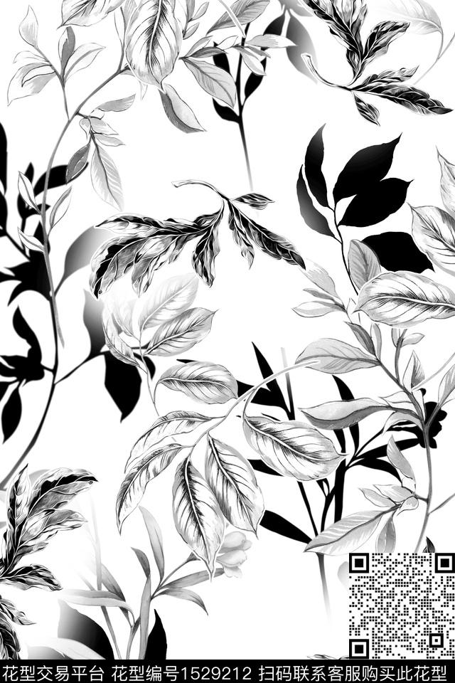 黑白华亿平台叶子绿植树叶数码印花华亿平台下载（图片编号: 1529212） - 瓦栏（Walan）