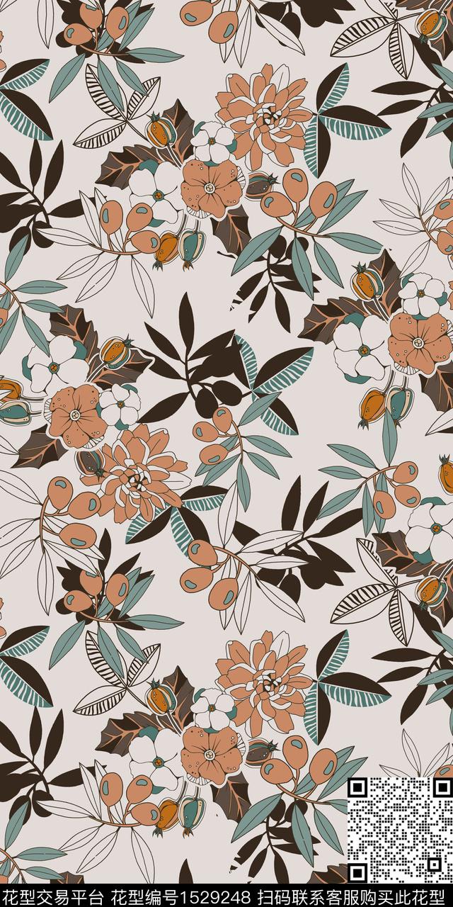 绿植树叶矢量花卉数码印花华亿平台下载（图片编号: 1529248） - 瓦栏（Walan）