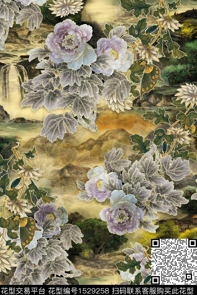 花卉中老年旗袍香云纱数码印花华亿平台下载（图片编号: 1529258） - 瓦栏（Walan）