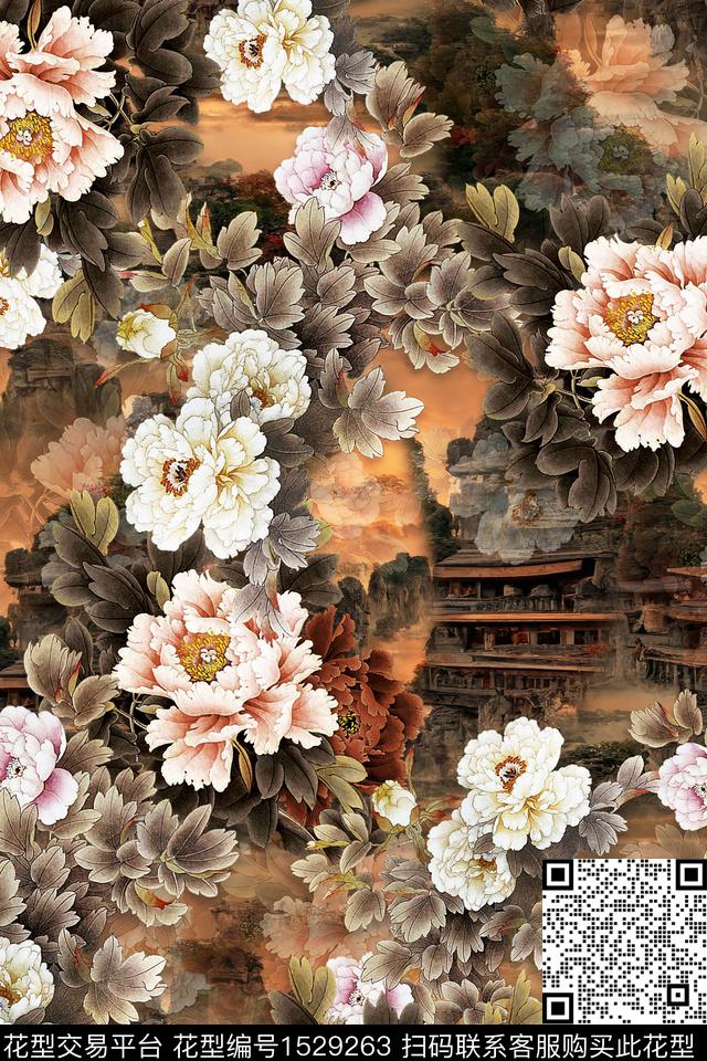 花卉中老年旗袍香云纱数码印花华亿平台下载（图片编号: 1529263） - 瓦栏（Walan）