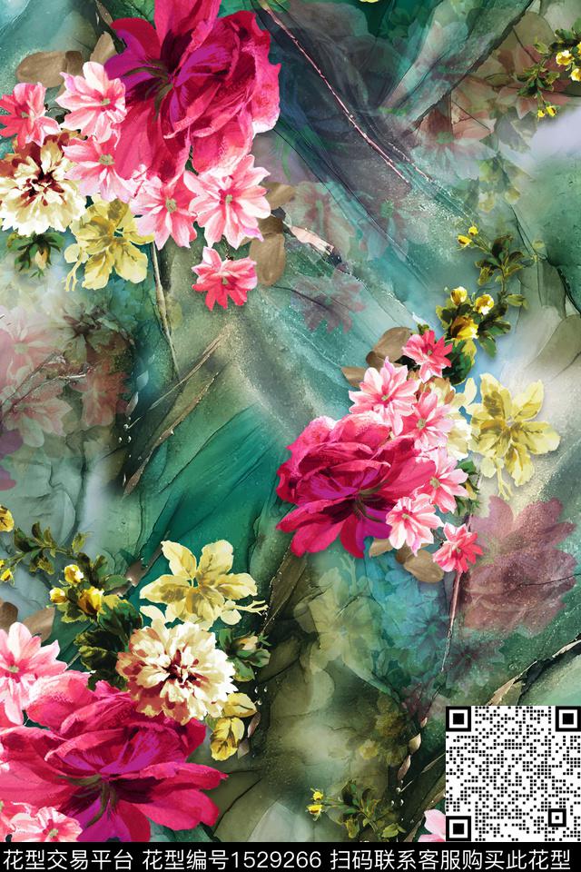 花卉中老年旗袍香云纱数码印花华亿平台下载（图片编号: 1529266） - 瓦栏（Walan）