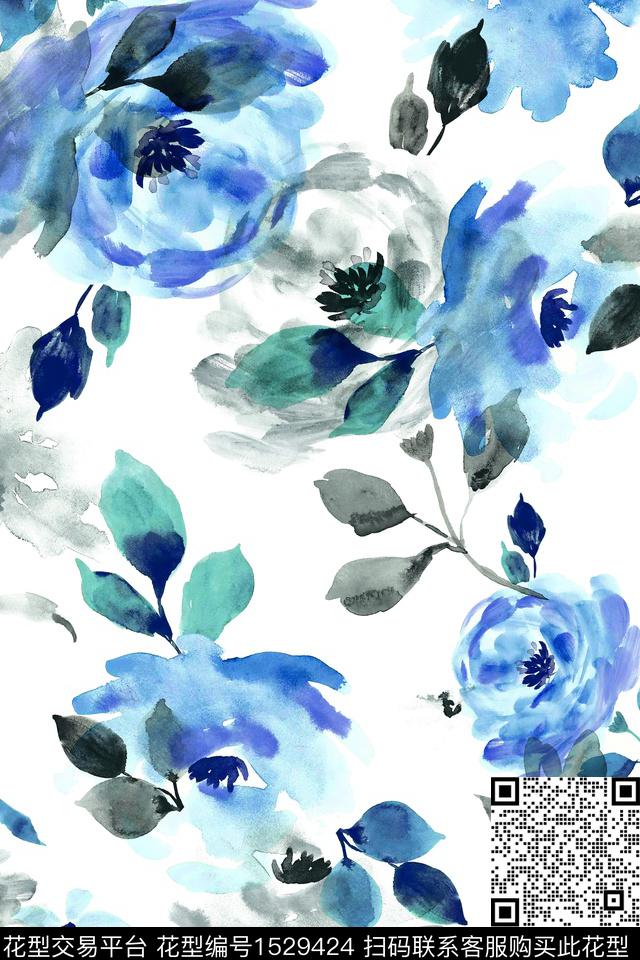 女装大花水彩数码印花华亿平台下载（图片编号: 1529424） - 瓦栏（Walan）