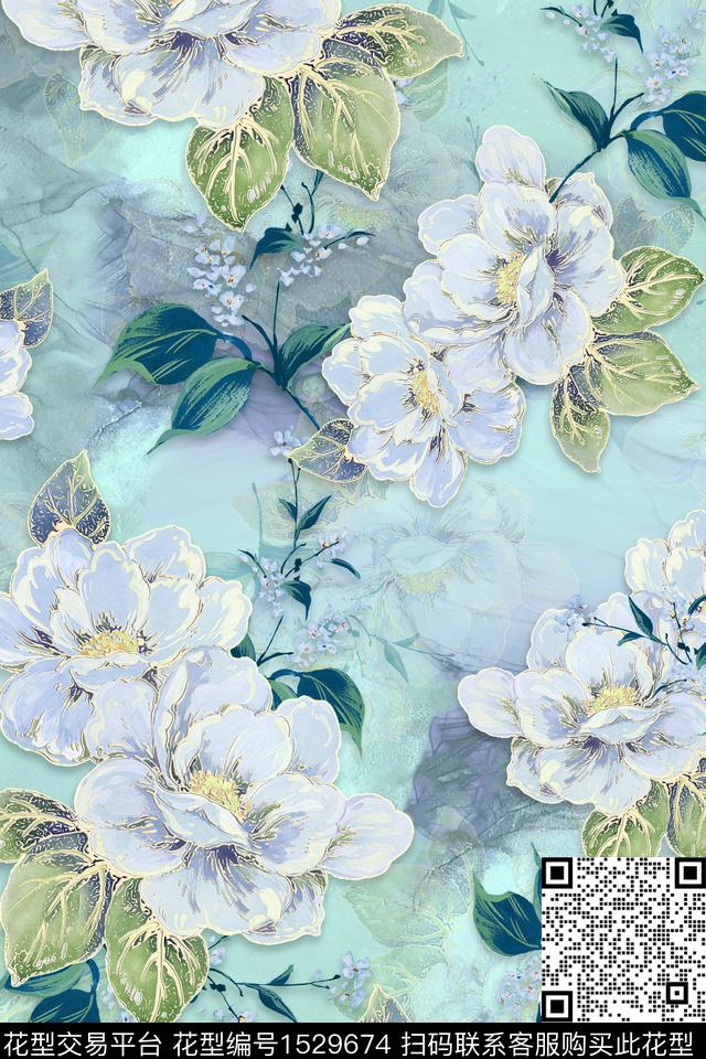 花卉大花包金数码印花华亿平台下载（图片编号: 1529674） - 瓦栏（Walan）